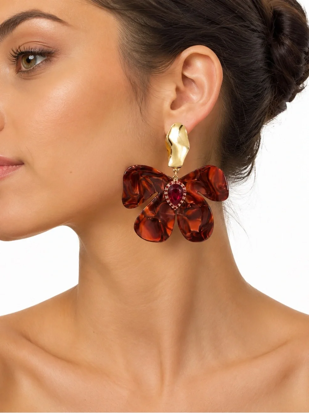 AKIRA Gold-Tone Earrings with Brown Petals and Red Teardrop Stone